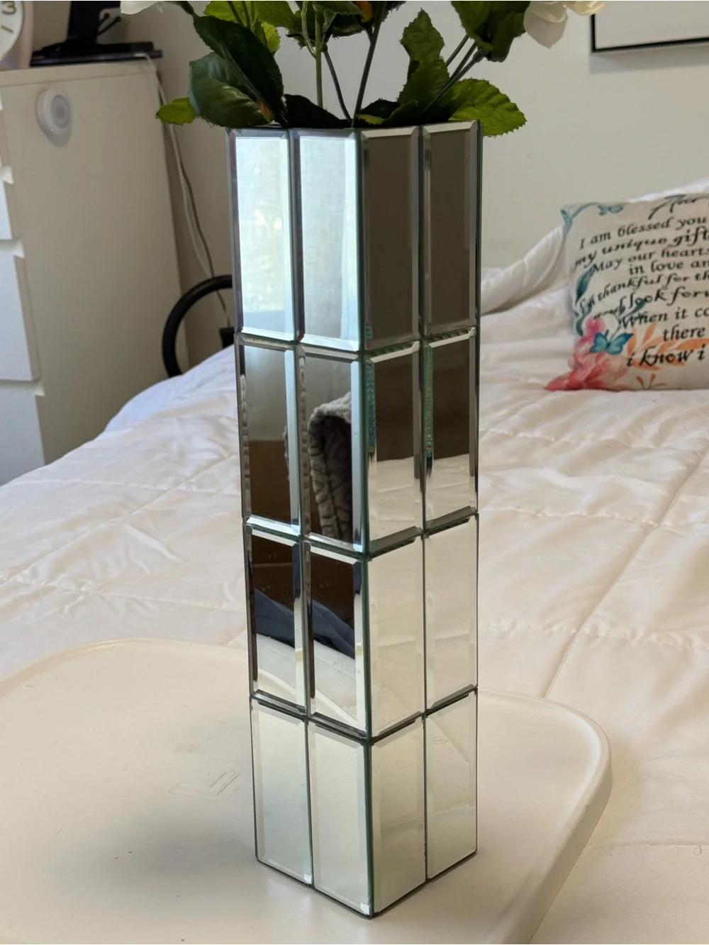 Tall Mirrored Glass Column Vase  15” geometric floral decor silver